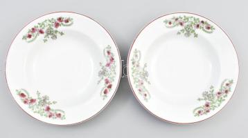 2 darab antik csehszlovák porcelán falitál, virágmintával, jelzett, kopással, d: 23 cm