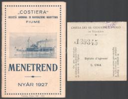 1927 Costiera Societa Anonima di Navigazione Marittima Fiume - menetrend + 1 db jegy