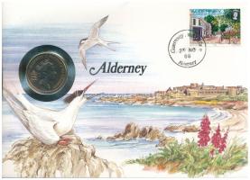 Guernsey / Alderney 1988. 10p Cu-Ni felbélyegzett borítékban, bélyegzéssel, német nyelvű leírással T:UNC patina Guernsey / Alderney 1988. 10 Pence Cu-Ni in envelope with stamp, cancellation and a prospectus in german C:UNC patina