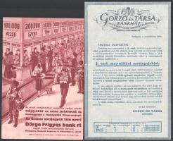 cca 1930-1940 5 db sorsjáték reklámnyomtatvány: Gorzó és Társa Bankház, Dörge Frigyes, Szücs Pál (bélyegekkel), Gettler Bank