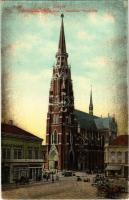 1910 Eszék, Essegg, Osijek; Gornjogradska zupna crkva / Felsővárosi templom, piac, Glesinger üzlete, Drogéria. Selzer i Rank kiadása / Oberstädter Pfarrkirche / church, market, shops, drugstore