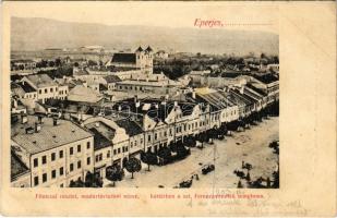 Eperjes, Presov; Fő utca, háttérben a Szt. ferenc rendiek temploma, Központi Kávéház. Cattarino S. utóda Földes Samu kiadása / main street, church, shops, cafe (EK)