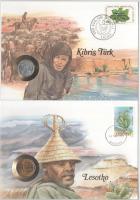 5db-os érmés boríték tétel, mind különféle és német nyelvű tájékoztatóval, benne: Mauritius, Dél-Afr...