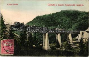 1910 Tiszolc, Tisovec; Tiszolc-völgyi fogaskerekű vasút viaduktja, vasúti híd, vonat. Morvai Sámuel kiadása / standard gauge cogwheel railway line, railway bridge, viaduct, train. TCV card (EK)