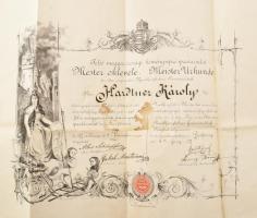 1877 Pozsony, a Felsőmagyarországi kéményseprő ipartársulat mesterlevele Hardtner Károly részére. De...