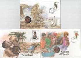 5db-os érmés boríték tétel, mind különféle és német nyelvű tájékoztatóval, benne: Uganda, Mozambik, ...