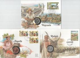 5db-os érmés boríték tétel, mind különféle és német nyelvű tájékoztatóval, benne: Venezuela, Anguilla, Ruanda, Jordánia, Aruba