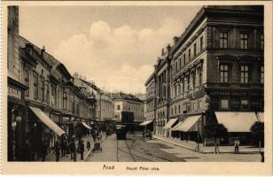 Arad, Atczél Péter utca, Hoffmann Sándor divatáruháza, Lengyel Testvérek üzlete, villamos / street, fashion shop, tram