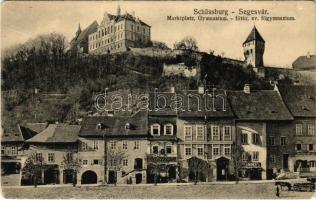 Segesvár, Schässburg, Sighisoara; Főtér, evangélikus főgimnázium, F. Lingner üzlete, Steinbrücher sörcsarnoka. H. Zeidner kiadása / Main square, Lutheran school, shops, beer hall (Rb)