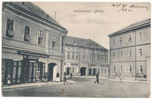 1907 Szászváros, Broos, Orastie; utca, H. Graef üzlete, Ardeleana bank, Széchenyi István üzlete / street, shops, bank