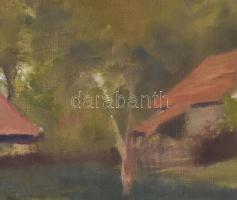 Jelzés nélkül, XX. sz. első fele: Faluvége. Olaj, vászon. Dekoratív, kissé sérült fakeretben. 23x29 ...