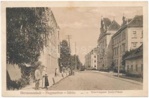 1912 Nagyszeben, Hermannstadt, Sibiu; Schewis utca, Igazságügyi palota, villamos. Emil Fischer, Jos. Drotleff / Schewisgasse, Justizpalais / street, tram, palace of justice (ázott / wet damage)