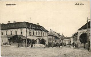 Szászváros, Broos, Orastie; Vásár utca, Eisenburger kávéház és cukrászda, üzletek. Weisz Dezső kiadása / stret, confectionery and cafe, shops