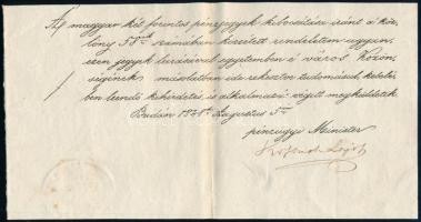 1848 Buda, Kossuth Lajos (1802-1894) pénzügyminiszter autográf aláírása kétforintos pénzjegyekkel kapcsolatos iraton