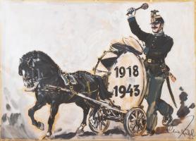 Hanns Hübl (1898-1967): "1918-1943" háborús jelenet, vegyes technika, papír, jelzett, 52×70 cm