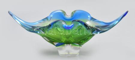 Sklo Union Josef Hospodka cseh kék-zöld színezett üveg kínáló, jelzés nélkül, kis kopással, 30x13x12 cm