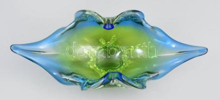 Sklo Union Josef Hospodka cseh kék-zöld színezett üveg kínáló, jelzés nélkül, kis kopással, 30x13x12...