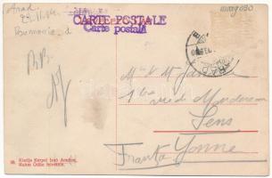 Arad, Szabadság tér, emeletes autóbusz utasokkal tele Neumann M. reklámjával, Igaz Sándor óra és éks...