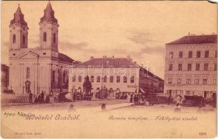 Arad, Román templom, Tököly tér, piac, Hoffmann József, Haschka Ádám, Ifj. Löwy Ármin és Jószif Miklós üzlete. Kerpel Izsó kiadása / Romanian church, market, shops (EM)