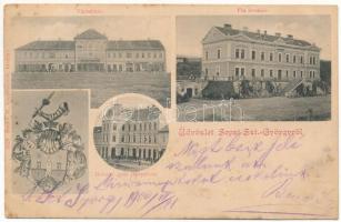 1900 Sepsiszentgyörgy, Sfantu Gheorghe; Városháza, Fiú árvaház, dohánygyár (bárpalota), címer. Benkő M. kiadása / town hall, boy orphanage, tobacco factory, coat of arms (EK)