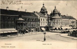 Kolozsvár, Cluj; Mátyás király tér, Gróf Bánffy palota (király szálláshelye), Böckel, Jeney Lajos, Reményik L. és fiai üzlete. Schuster Emil kiadása / square, palace, shops (EK)