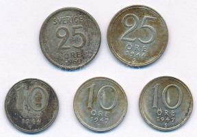 Svédország 1944-1947. 10ö Ag (3db, 2xklf) + 1944-1960. 25ö Ag (2xklf) T:AU,XF patina Sweden 1944-1947. 10 Öre Ag (3pcs, 2xdiff) + 1944-1960. 25 Öre Ag (2xdiff) C:AU,XF patina