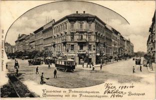 1901 Budapest VI. Váci körút és Podmaniczky utca, villamosok, Weiss és Társa Betéti Társaság, Teutsch B. József erdélyi borai. Divald Károly 246. sz. (fl)