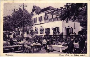 1939 Budapest XIV. Városliget, Angol Park, Tokaji csárda. "Lacikonyha, tokaji bor, cigányzene, hangulatos kerthelyiség. Halászlé, túrós csusza, stb." (EK)