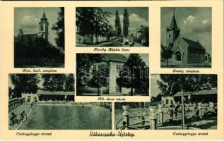 Budapest XVII. Rákoscsaba-Újtelep, Római katolikus és evangélikus templom, Horthy Miklós fasor, állami elemi iskola, Csabagyöngye strand, fürdőzők. Sterner M. Ida kiadása