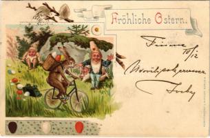 1900 Fröhliche Ostern / Easter greeting art postcard with dwarves and rabbit riding a bicycle. Art Nouveau, litho (ragasztónyom / glue marks)