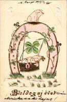 1907 Boldog Újévet / New Year greeting art postcard with horseshoe, pigs and clovers. Art Nouveau, Emb. litho (ragasztónyom / glue marks)