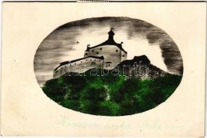 1943 Krasznahorkaváralja, Krásnohorské Podhradie (Rozsnyó, Roznava); Krasznahorka vára, kézzel festett képeslap / Hrad Krásna Horka / castle, hand-painted (EB)