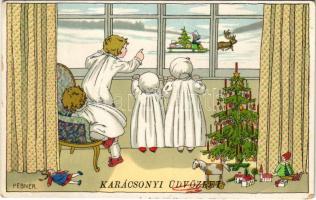 1935 Karácsonyi üdvözlet / Christmas greeting art postcard with children, Christmas tree and toys. M. M. Nr. 1412. s: P. Ebner (EB)