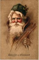 Üdvözlet a Mikulástól / Saint Nicholas greeting art postcard. litho (EK)