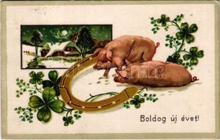 Boldog Újévet / New Year greeting art postcard with pigs, horseshoe and clovers. K. Ph. W. II. No. 209. litho (EK)