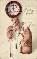 1919 Boldog Újévet / New Year greeting art postcard with pigs and clock. litho (EB)