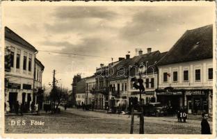 1941 Dés, Dej; Fő tér, Weisz K., Szigeti J. üzlete, teherautó / main square, shops, truck