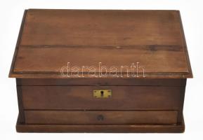 Antik fa gyógyszertári tárolódoboz, fiókkal, sérüléssel, egy belevaló üveggel, 30x21,5x12,5 cm