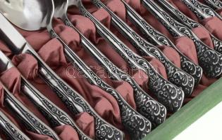 Orosz 6 személyes evőeszköz készlet, fém, jelzett, teljes, díszdobozban