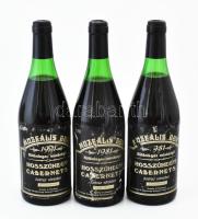 1981 Hosszúhegyi Cabernet S[auvignon], 3 palack muzeális bor, hajós-bajai borvidék, szakszerűen tárolt bontatlan palack vörösbor, kopott, sérült címkékkel, 0,75lx3