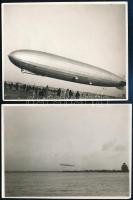 1931 Budapest, LZ-127 jelzésű Graf Zeppelin léghajó (&quot;ezüst szivar&quot;) március 28-án és 29-én a Csepeli repülőtéren ill. a város felett, több neves személy is utazott rajta: Karinthy Frigyes, Horthy István, gróf Almásy László Ede Afrika-kutató és Gömbös Gyula; 2 db eredeti fotó, a hátoldalon feliratozva (Wolsky Albert mérnök úrtól), 11,5 x 8,5 cm