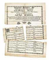 1725 Sopron, Leopold Petz (Petz Lipót) és Anna Rosina Krauss esküvői értesítője, német nyelven, sérült, szétvált állapotban (4 részben), teljes méret: 41x32,5 cm + A szöveg magyar fordítása