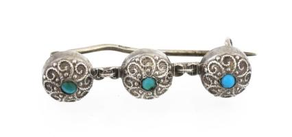 Ezüst(Ag) kitűző türkizzel, jelzett, kis hibával, h: 3 cm, bruttó: 2,3 g