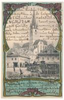 1901 Nagyszeben, Hermannstadt, Sibiu; Evangélikus templom, piac, Daniel Schoen üzlete. Carl F. Jickeli szecessziós virágos litho keret / Kirche / church, market, shop. Art Nouveau litho montage