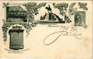 1897 (Vorläufer) Kolozsvár, Cluj; Mátyás király szülőháza, Mátyás király szobor, emléktábla. Kováts P. Fiai kiadása / birthplace of Matthias Corvinus, King of Hungary, monument, memorial plaque. Art Nouveau, floral