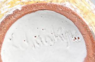 Lehoczkyné retro iparművész váza, samottos mázas kerámia, jelzett, sérült, m: 18 cm