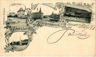 1897 (Vorläufer) Kolozsvár, Cluj; Bethlen bástya, Vashíd Híd utca, emlékmű, Bánffi palota. Kováts P. fiai kiadása / bastion tower, bridge, street, statue, palace. Art Nouveau, floral (EK)