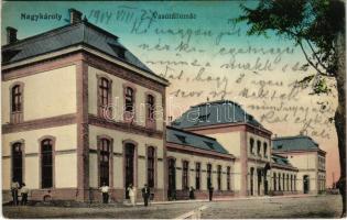 1914 Nagykároly, Carei; vasútállomás. Sámuel Sándor kiadása / railway station (fl)