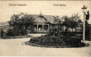 Kolozs, Kolozs-sósfürdő, Kolozsfürdő, Cojocna; fürdő, gázlámpa szerelő létrán. Singer Jakab kiadása / spa, gas lamp mechanic working on a ladder