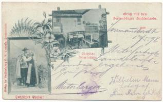 1898 (Vorläufer) Nagyszeben, Hermannstadt, Sibiu; Gruss aus dem Siebenbürger Sachsenlande, Sächsische Ehepaar und Bauernstube / Erdélyi szász folklór, házaspár és parasztház belső. G.A. Seraphin / Transylvanian Saxon folklore. Art Nouveau, floral (ázott / wet damage)